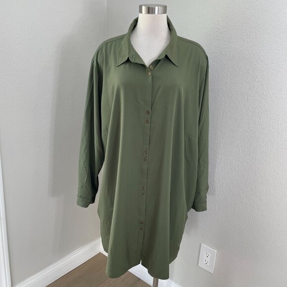 Susan Graver Tops - Susan Graver Woman Plus 4XP Olive Green Button UpTunic Shirt Pockets Long Sleeve